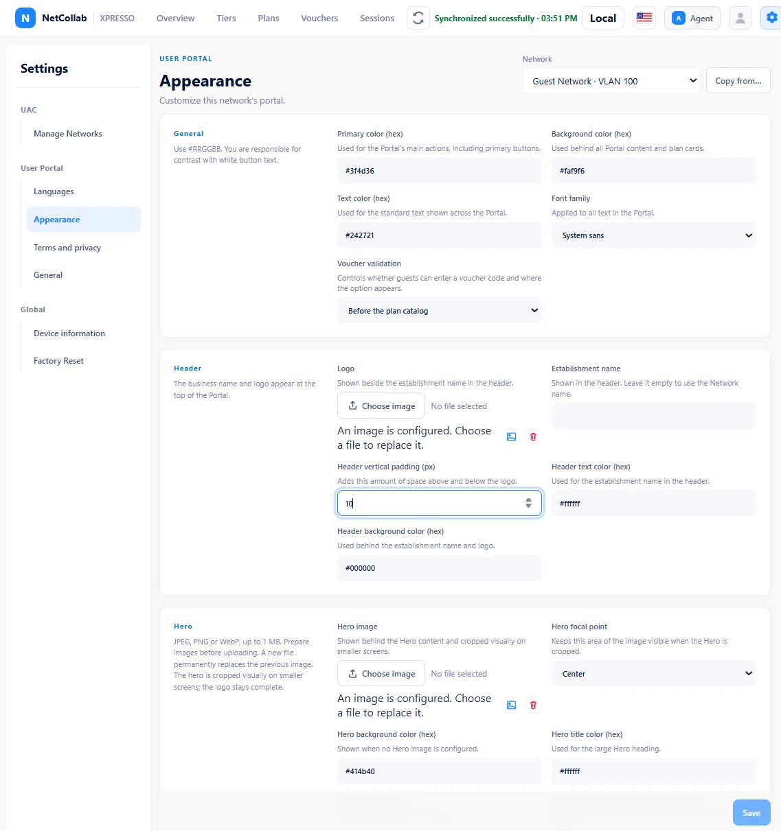 Portal Appearance editor showing primary, background and text colors, font, logo, header settings and hero image controls.