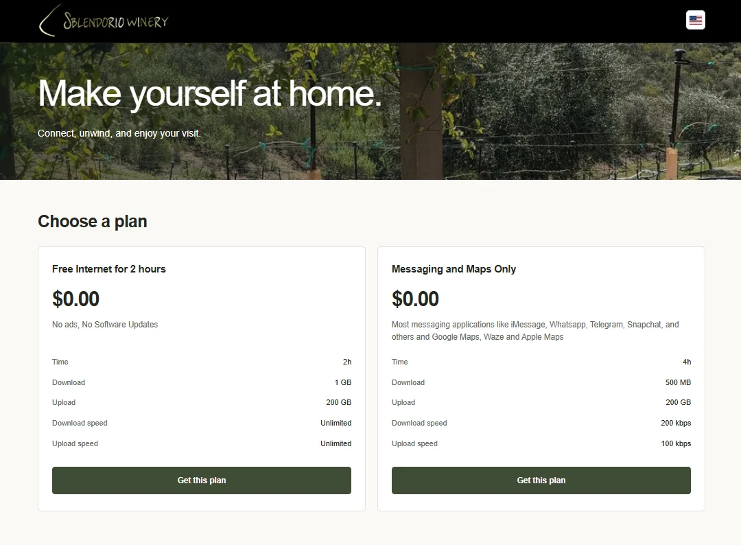 Sbendorio Winery guest portal with a branded welcome and two complimentary Wi-Fi plans.