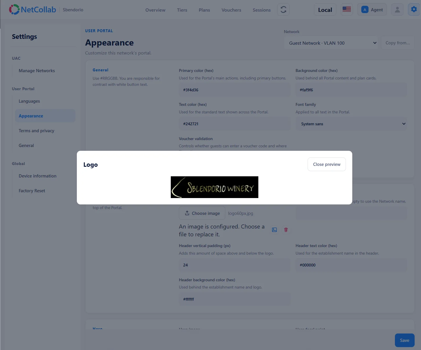Portal Appearance settings with the winery logo preview dialog open over color and header settings.