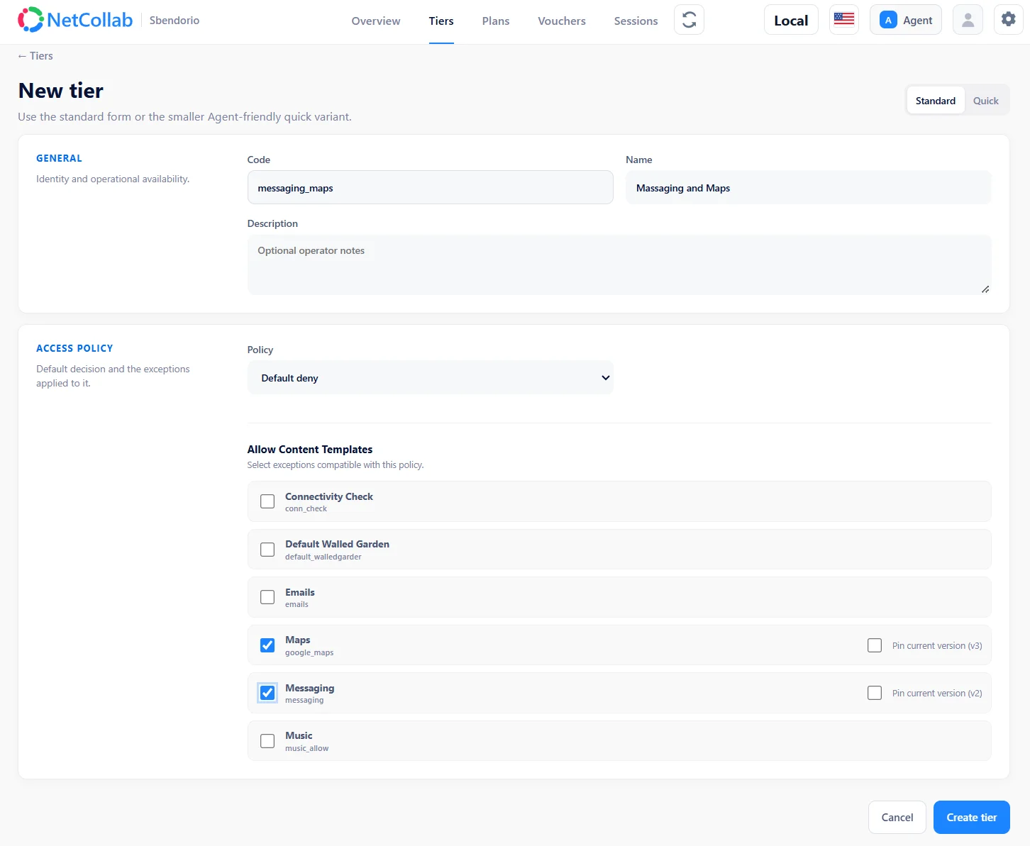 New tier editor with a default-deny access policy and Maps and Messaging content templates selected.