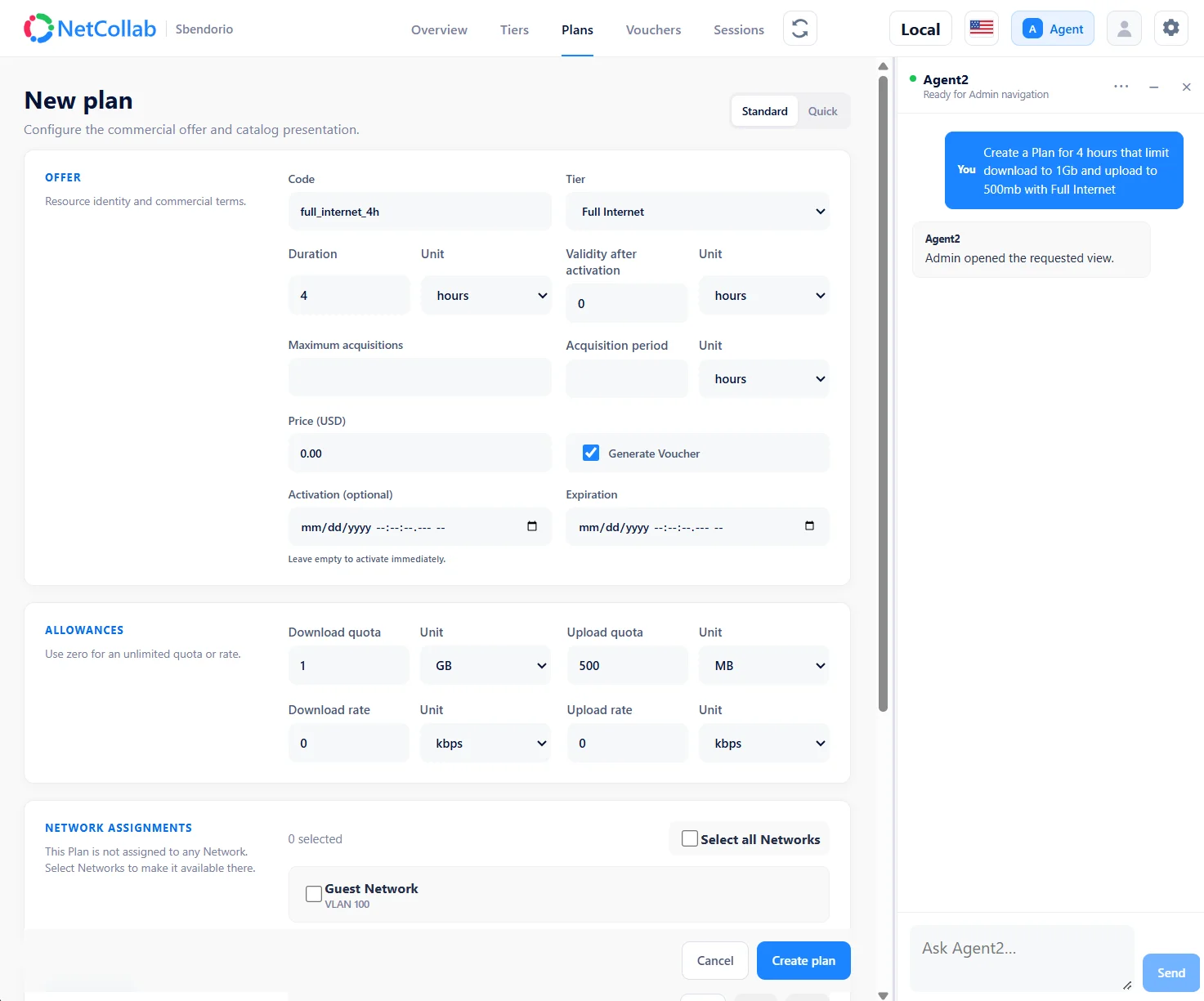 AI Agent panel alongside a new four-hour plan with a one-gigabyte download allowance and 500-megabyte upload allowance.