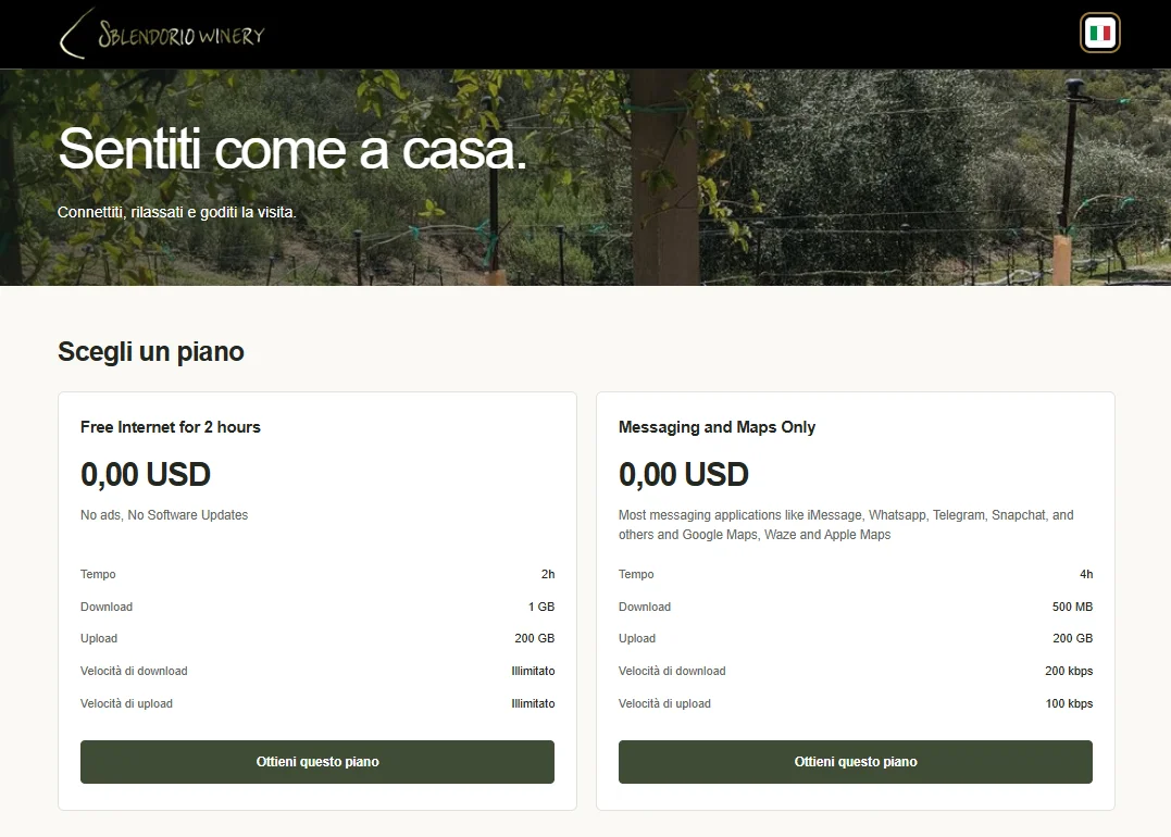 Guest portal with Italian navigation, welcome text and access labels; example plan names remain in English.