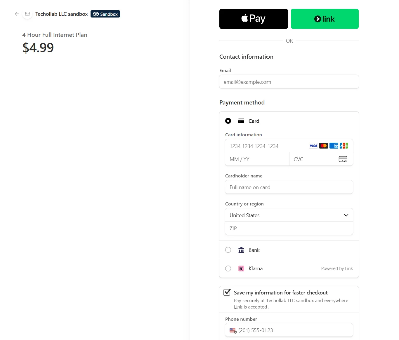 Stripe sandbox checkout for a sample four-hour internet plan, with contact and payment fields.