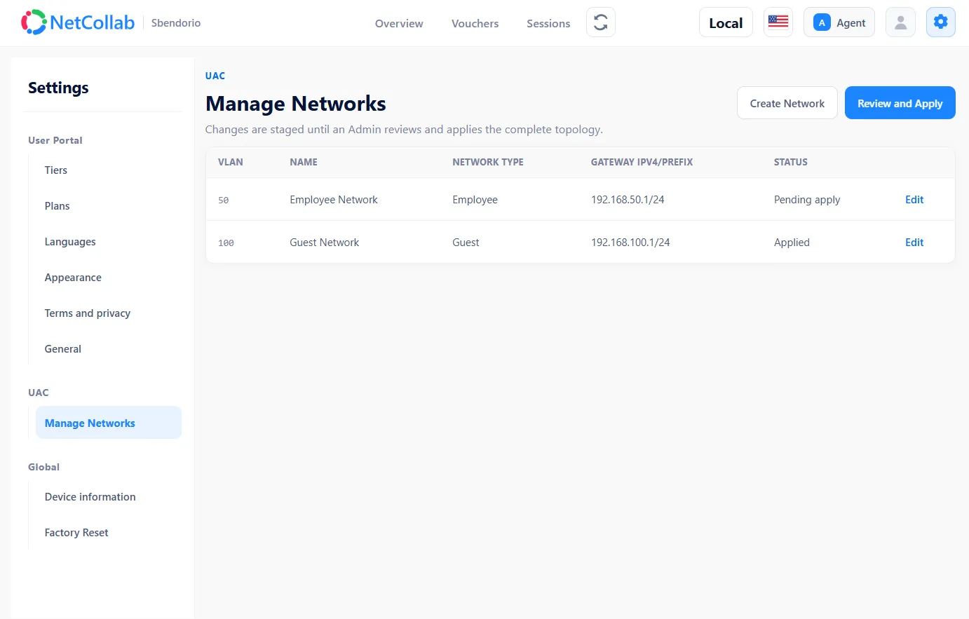 NetCollab Manage Networks list with a pending Employee network and an applied Guest network