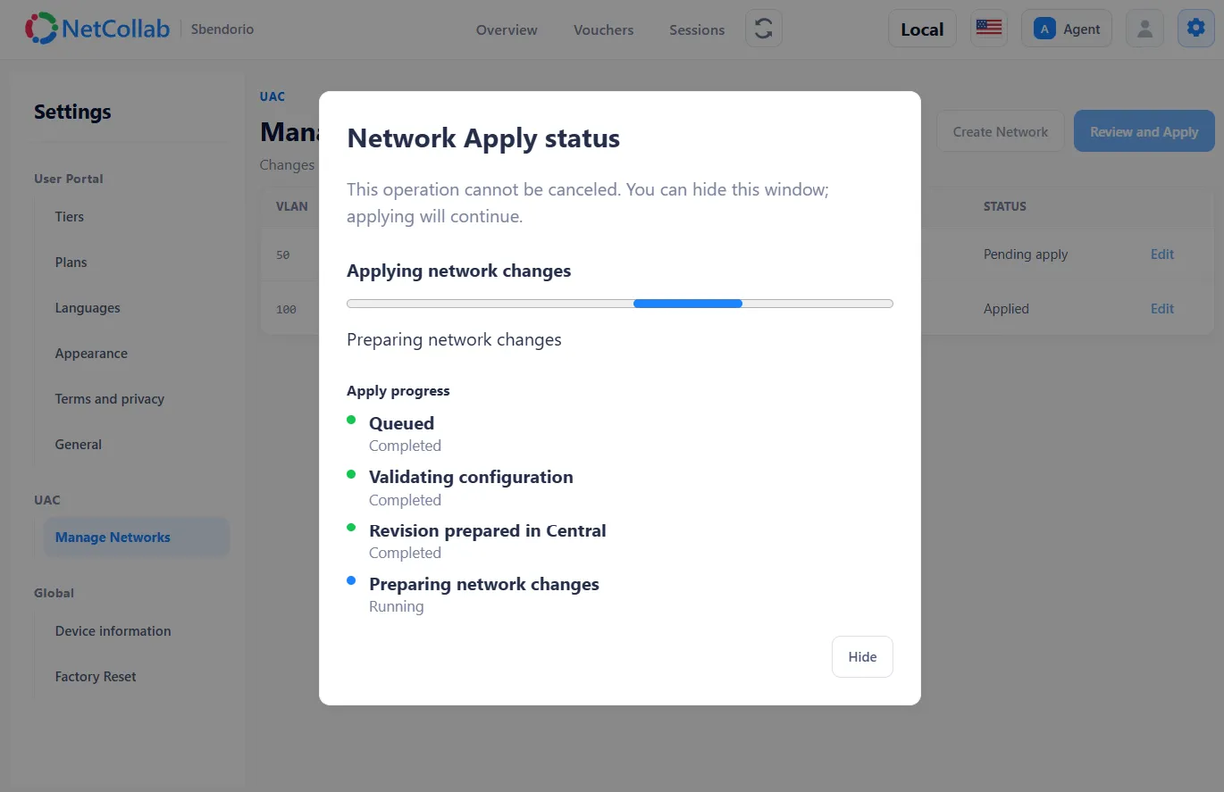 NetCollab Network Apply status with validation completed and network changes in progress