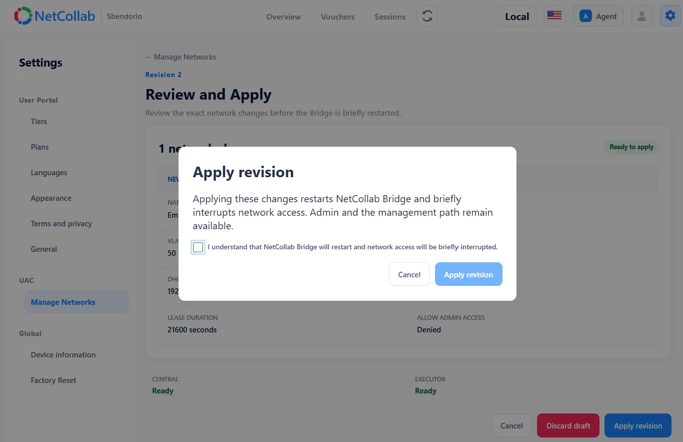 NetCollab Review and Apply confirmation warning that Bridge restarts and briefly interrupts network access