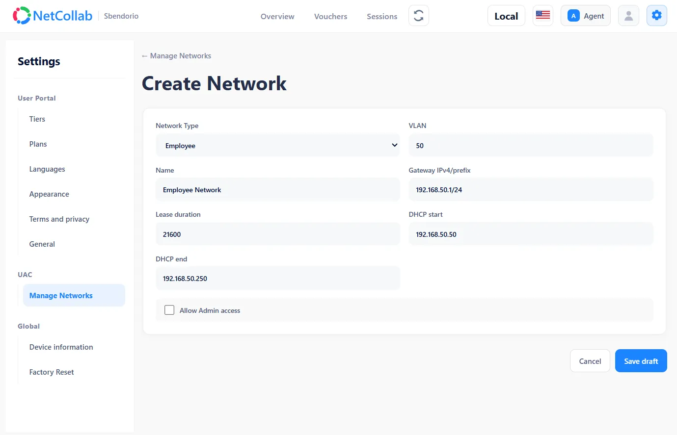 NetCollab Create Network form for Employee VLAN 50 with gateway and DHCP range filled in
