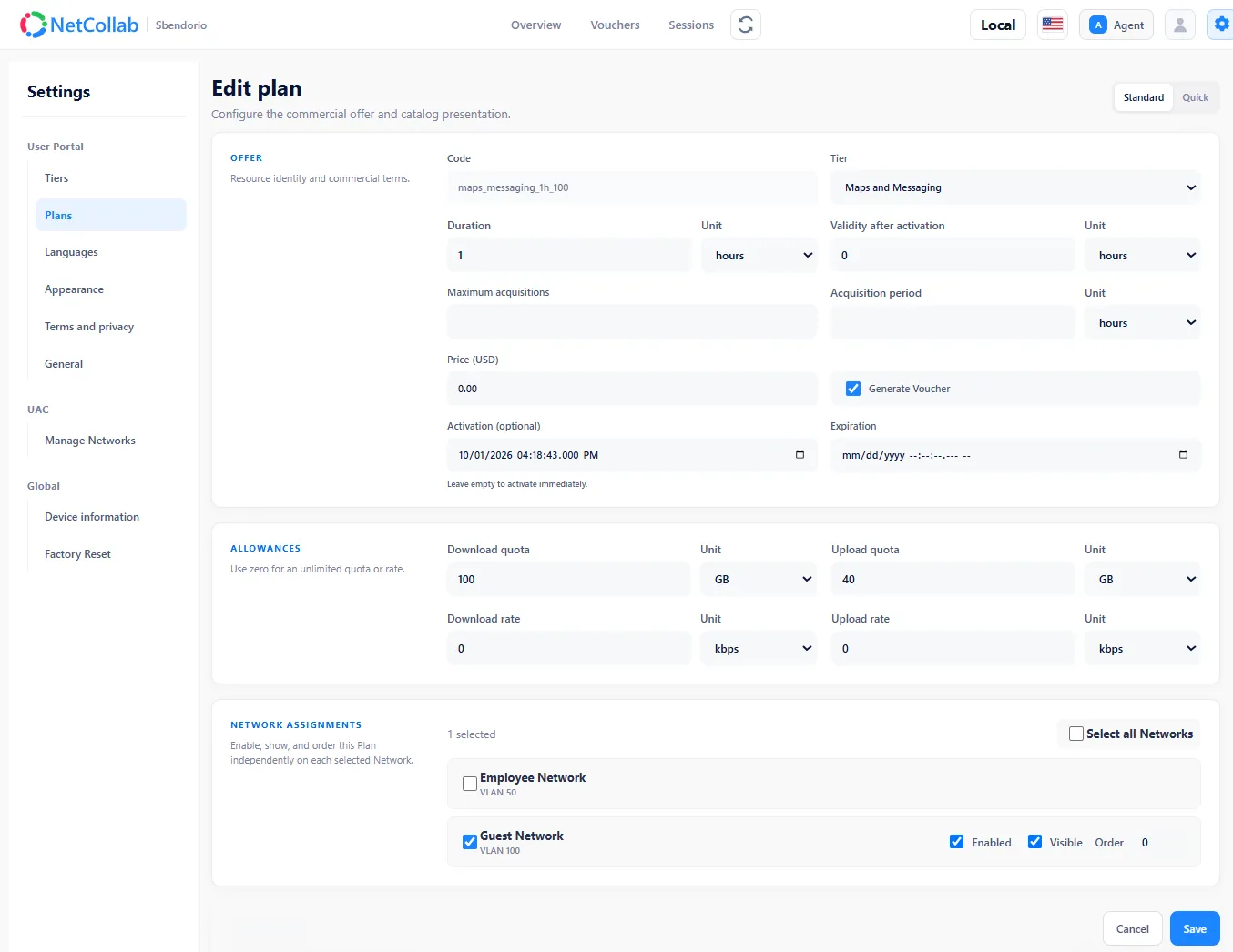 NetCollab Edit plan screen with the Maps and Messaging tier, one-hour duration, quotas, voucher generation and assignment to Guest VLAN 100