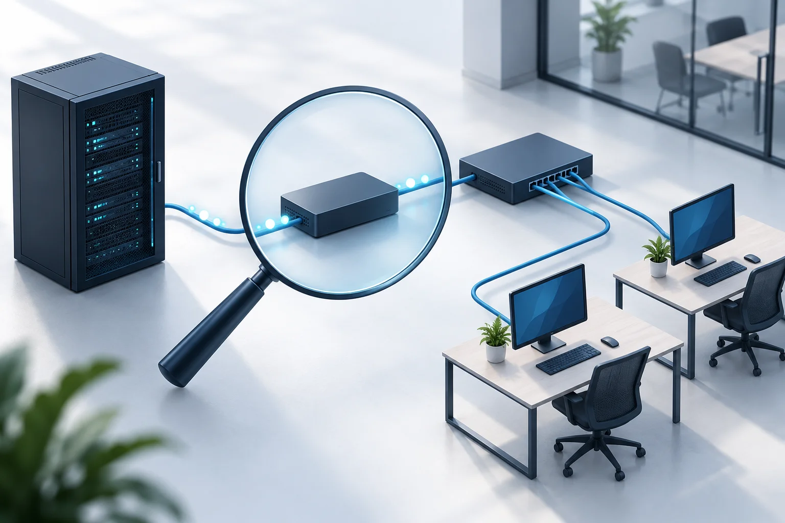 Illustrazione concettuale di una lente d'ingrandimento che evidenzia parte di una rete tra server e workstation.