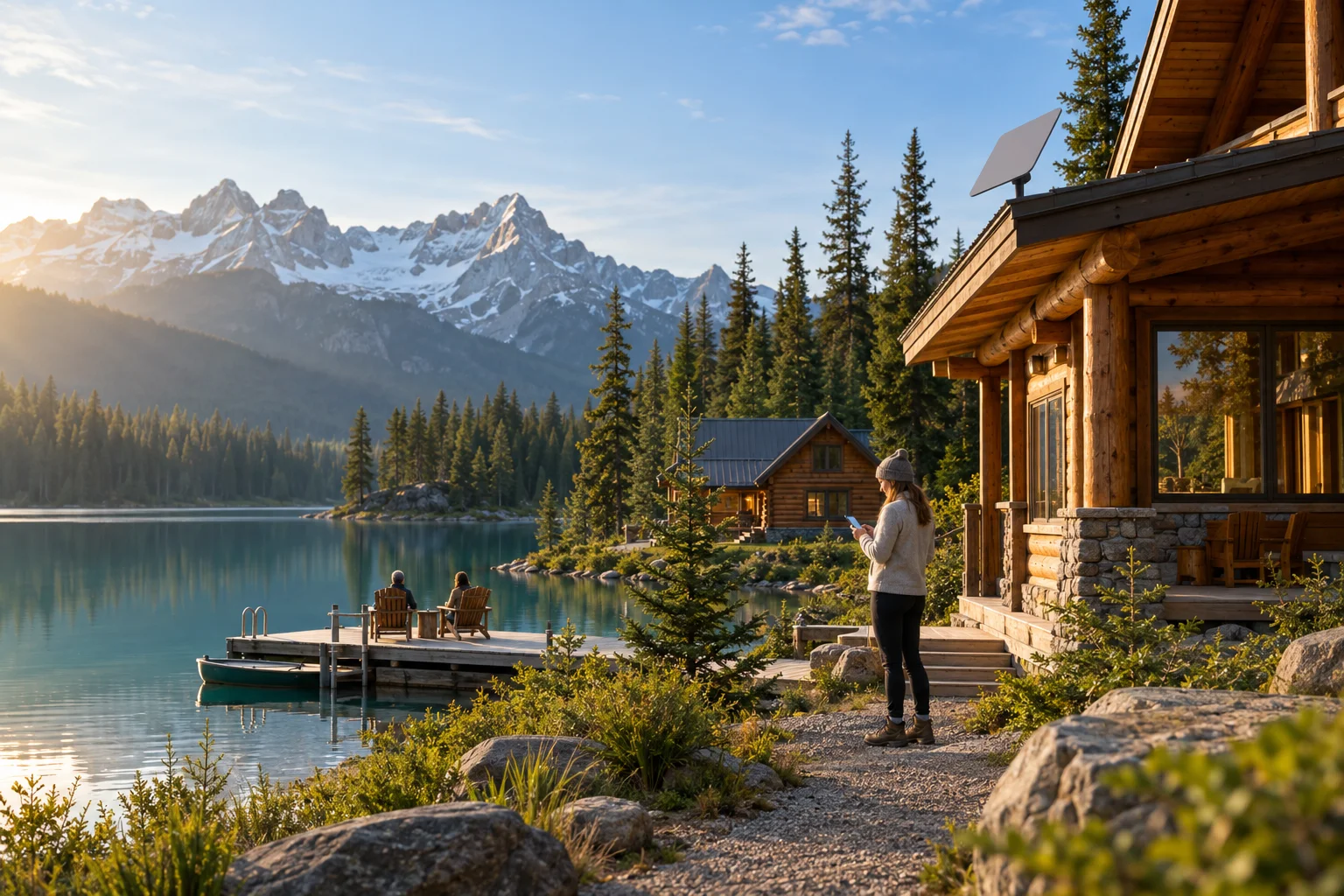 Illustrazione di un remoto lodge in riva al lago con un terminale satellitare e un ospite che utilizza un telefono.