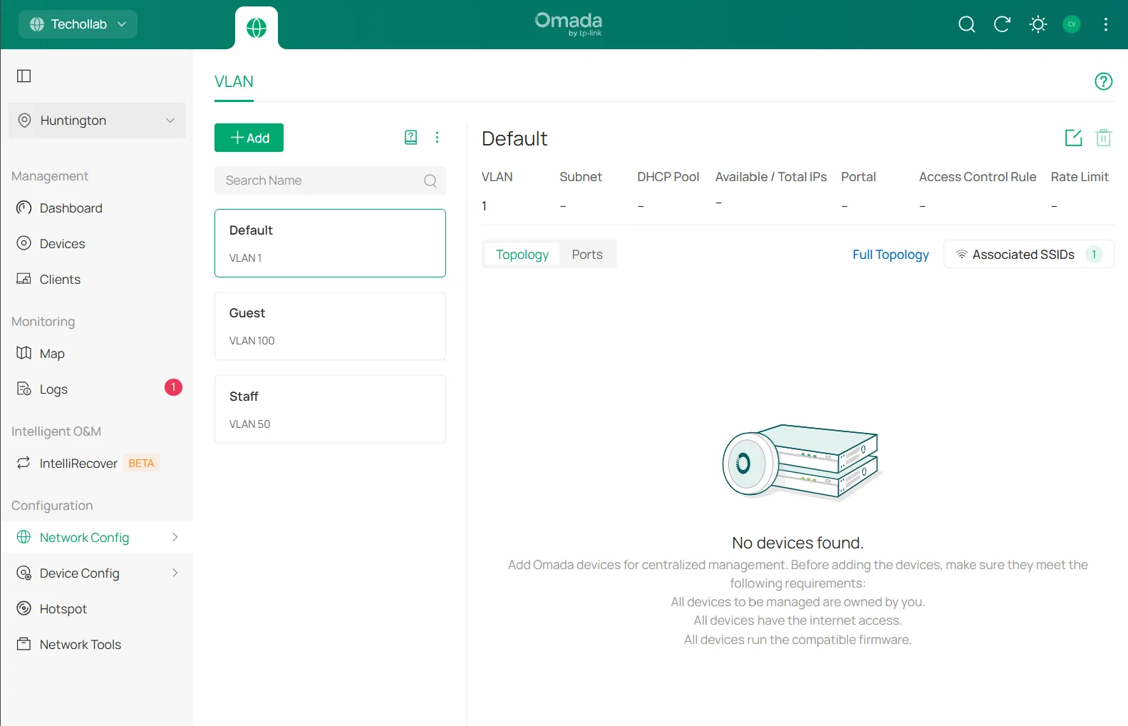 Omada VLAN list showing Default VLAN 1, Guest VLAN 100 and Staff VLAN 50