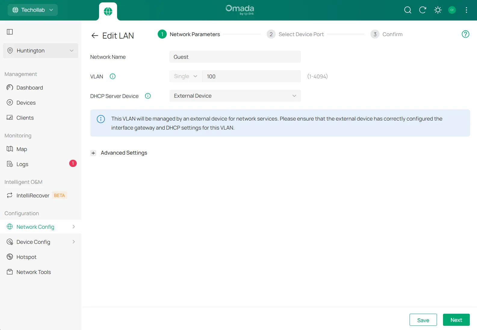 Omada Edit LAN screen with Guest VLAN 100 and DHCP Server Device set to External Device