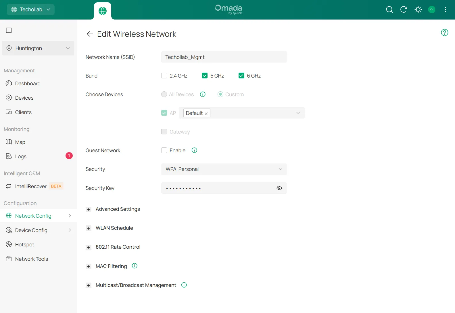 Omada Management wireless network editor showing Guest Network unchecked