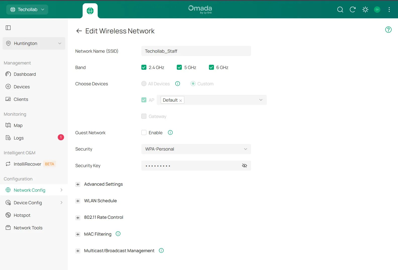 Omada Staff wireless network editor showing Guest Network unchecked