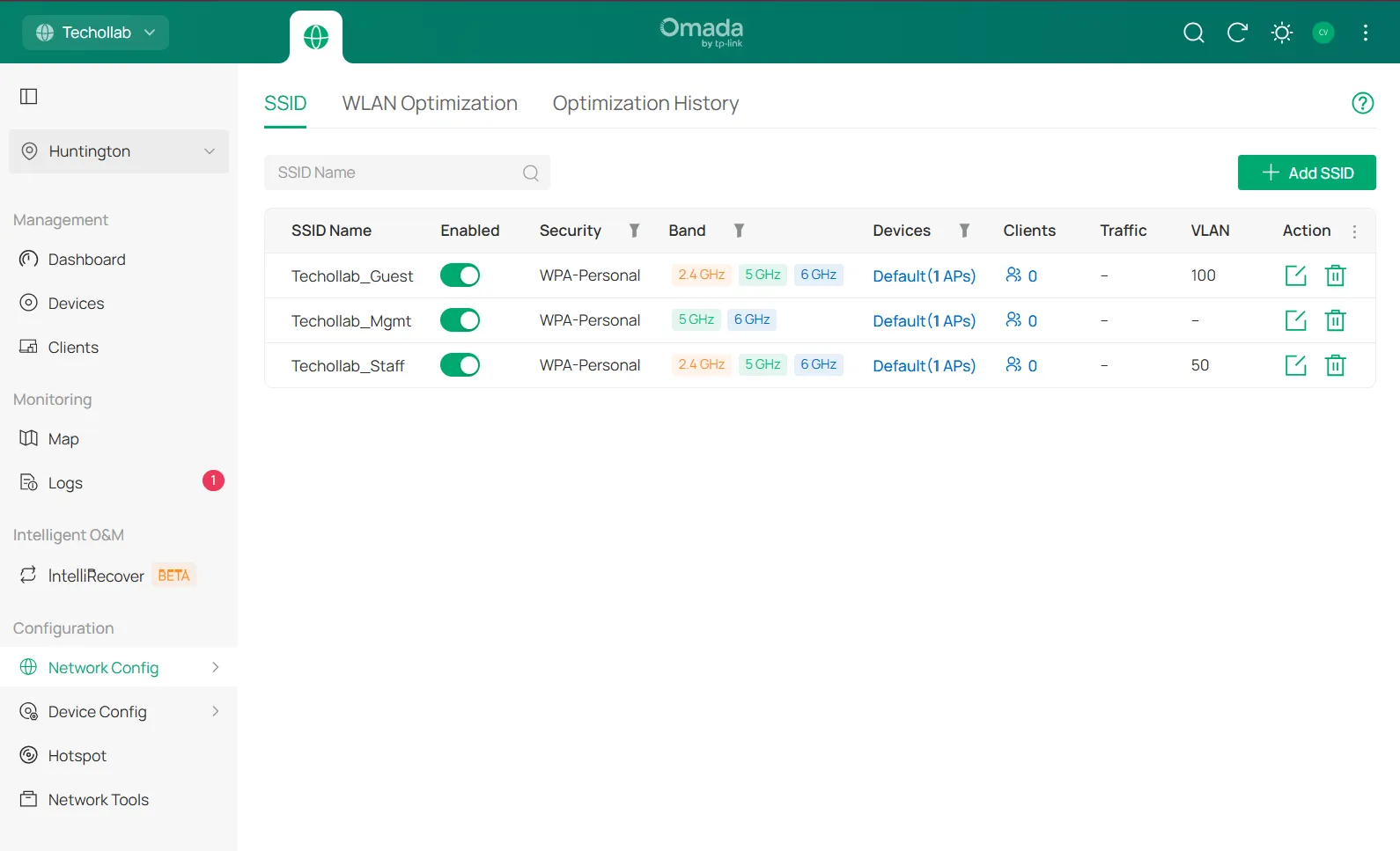 Omada SSID list showing Guest mapped to VLAN 100, Staff to VLAN 50 and Management without a displayed VLAN ID
