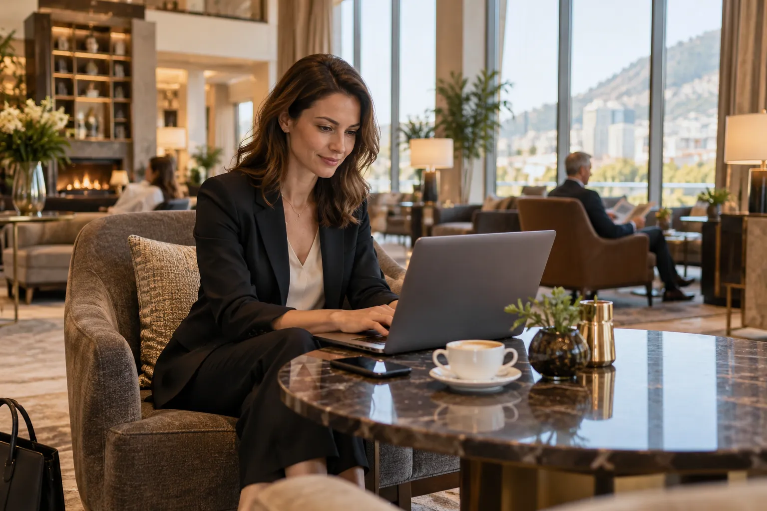 Un’ospite in viaggio di lavoro usa il portatile in un luminoso salotto dell’hotel