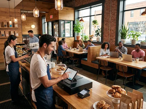 Gäste und Mitarbeitende in einem belebten Café