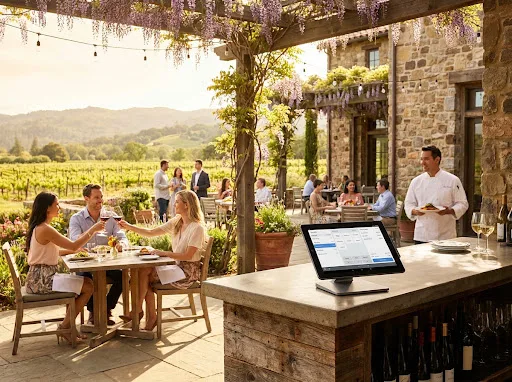 Sonnige Terrasse eines Weinguts mit Sitzplätzen im Freien